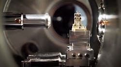 The LUX plasma cell (held by the beige mounting), where electrons are accelerated by pulses from a Ti:sapphire laser, is just a few millimeters long. The LUX plasma cell (held by the beige mounting), where electrons are accelerated by pulses from a Ti:sapphire laser, is just a few millimeters long.