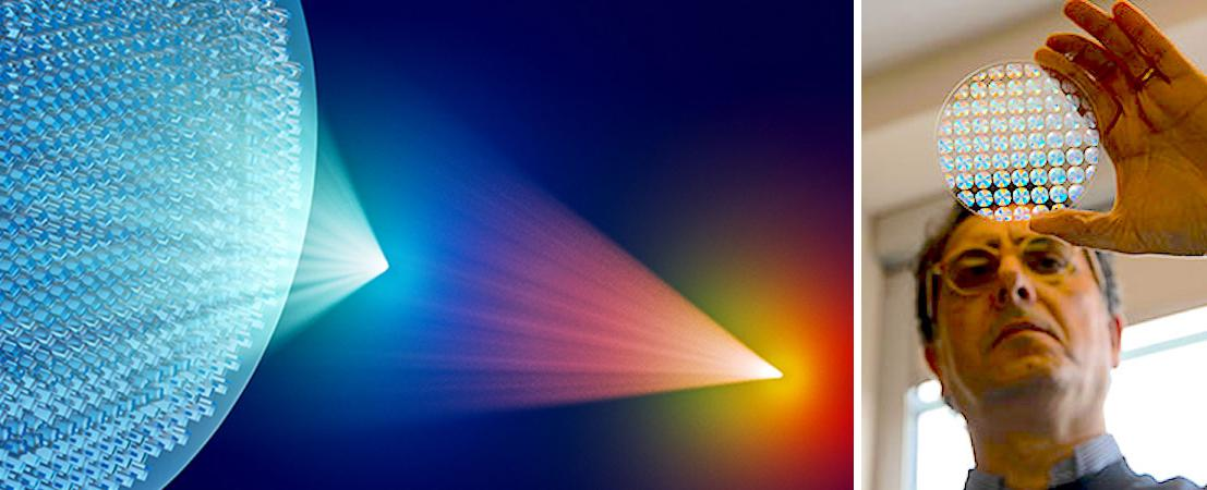 Concept art showing a reconfigurable liquid-crystal-enabled metasurface lens (left); Giuseppe Strangi views a metalens array (right).