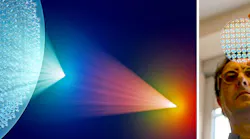 Concept art showing a reconfigurable liquid-crystal-enabled metasurface lens (left); Giuseppe Strangi views a metalens array (right).