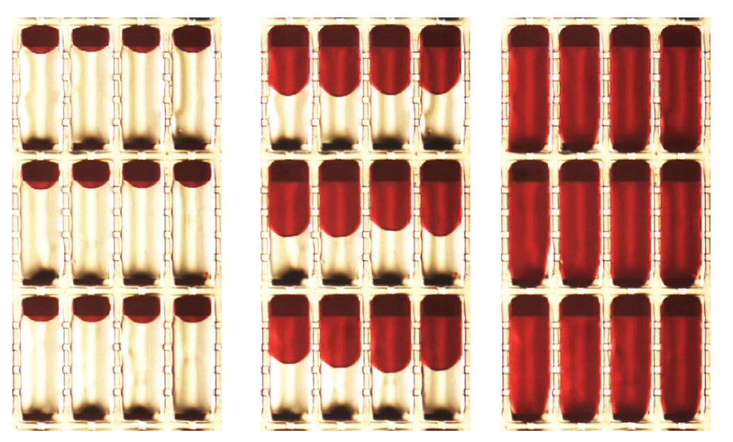 Zero-power-grayscale electrofluidic pixels are shown in three example states: darkest, intermediate lightness, and lightest. The pixels can be adjusted to any reflectivity between the minimum and maximum; the pixel state does not change after the electrical power is removed.