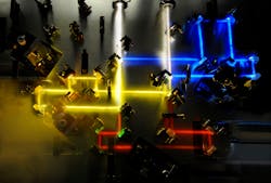 A photonic system produces custom-shaped sub-femtosecond light transients used to probe the behavior of electrons within atoms. To create the transients, a supercontinuum is first divided into three channels (seen as blue, yellow, and red); beam parameters for each channel are manipulated before recombining the light (white). A photonic system produces custom-shaped sub-femtosecond light transients used to probe the behavior of electrons within atoms. To create the transients, a supercontinuum is first divided into three channels (seen as blue, yellow, and red); beam parameters for each channel are manipulated before recombining the light (white).