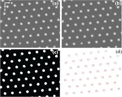 FIGURE 5. To extract data from the SEM images, the raw SEM image (a) is filtered (b) and converted to a black-and-white image (c). The numbered outlines in (d) represent the cores from which the data will be extracted. Dust particles or cores that are only partially visible in the SEM image are excluded as can be seen by comparing (c) with (d). FIGURE 5. To extract data from the SEM images, the raw SEM image (a) is filtered (b) and converted to a black-and-white image (c). The numbered outlines in (d) represent the cores from which the data will be extracted. Dust particles or cores that are only partially visible in the SEM image are excluded as can be seen by comparing (c) with (d).