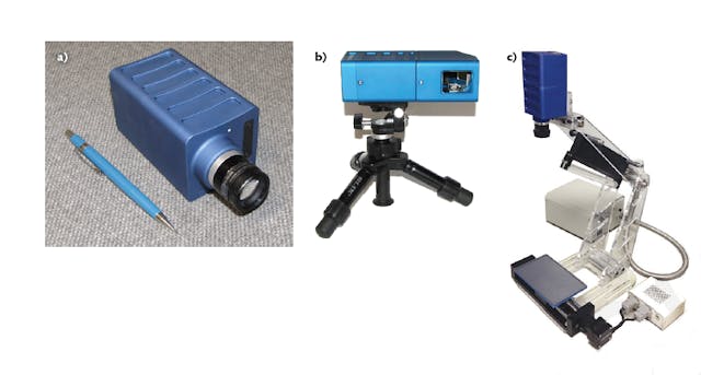 FIGURE 1. The Corning monolithic visNIR HSI sensor is 6 &times; 2.5 &times; 2.4 in. and weighs 0.45 kg (a); the laboratory monolithic HSI sensor can be configured for scanning and illumination (b) or as a portable sensor with built-in scanner (c).