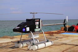 FIGURE 2. VisionII UAV with SHARK system, including the monolithic visNIR HSI sensor, flies from a deployment barge to conduct studies of Florida coastal waters. FIGURE 2. VisionII UAV with SHARK system, including the monolithic visNIR HSI sensor, flies from a deployment barge to conduct studies of Florida coastal waters.