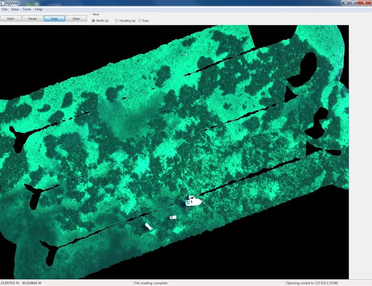 FIGURE 3. Geo-registered RGB image of HSI data was taken off the Florida Keys during the NASA Roses Seagrass Survey Project using the monolithic HSI sensor. HSI sensing can effectively differentiate and characterize coral, seagrass, and mixed sea-bottoms.