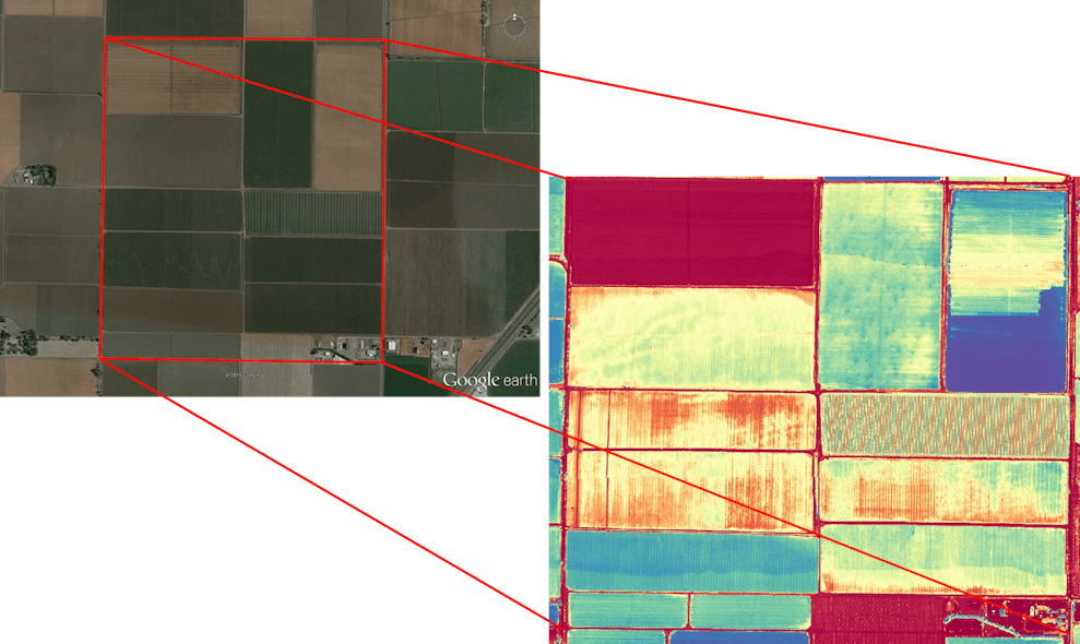 FIGURE 4. Red Edge Normalized Difference Vegetation Index (ReNDVI) overlaid onto Google Earth.