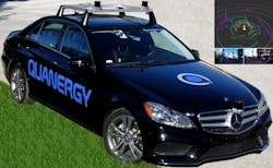 FIGURE 5. A Mercedes E350 test vehicle incorporates three lidar units with an onboard display (inset). FIGURE 5. A Mercedes E350 test vehicle incorporates three lidar units with an onboard display (inset).