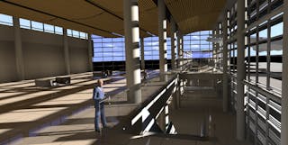 FIGURE 5. A ray-traced radiosity rendering shows a complex architectural environment where radiosity was used to calculate the illumination distribution for lighting design purposes, followed by ray tracing to recalculate the direct lighting with specular reflections for architectural visualization purposes.