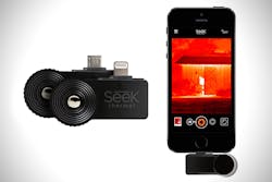 FIGURE 1. The SEEK Thermal camera for smartphones, made by Seek Thermal (Santa Barbara, CA), contains a microbolometer array and chalcogenide optics. FIGURE 1. The SEEK Thermal camera for smartphones, made by Seek Thermal (Santa Barbara, CA), contains a microbolometer array and chalcogenide optics.