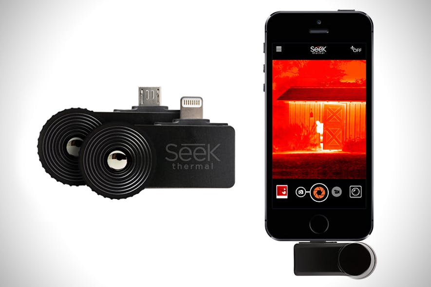 FIGURE 1. The SEEK Thermal camera for smartphones, made by Seek Thermal (Santa Barbara, CA), contains a microbolometer array and chalcogenide optics.