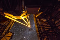 FIGURE 3. UT4 of ESO's Very Large Telescope is shown pointing to the Southern Cross constellation. The fifth beam comes from the PARLA laser, a technology demonstrator commissioned in 2013. FIGURE 3. UT4 of ESO's Very Large Telescope is shown pointing to the Southern Cross constellation. The fifth beam comes from the PARLA laser, a technology demonstrator commissioned in 2013.