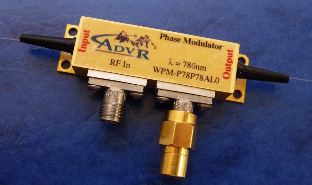 FIGURE 1. An AdvR high power fiber-coupled (HPFC) phase modulator fabricated with KTP waveguides allows for significant power handling improvements over traditional phase modulators in LN. A HPFC phase modulator operating at 780 nm is capable of &gt;100 mW input power with broadband modulation and low V&pi;.