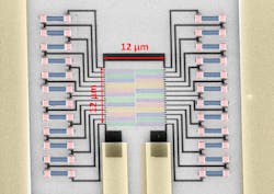 This false-color scanning electron microscopy image shows a 24-pixel photon-number-resolving-detector (PNRD), with each pixel consisting of a meandering-path niobium nitride (NbN) superconducting nanowire. The detector has applications in quantum information processing, as well as communications and NIR spectroscopy. This false-color scanning electron microscopy image shows a 24-pixel photon-number-resolving-detector (PNRD), with each pixel consisting of a meandering-path niobium nitride (NbN) superconducting nanowire. The detector has applications in quantum information processing, as well as communications and NIR spectroscopy.