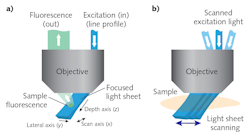 FIGURE 1. In SCAPE, a light sheet is formed at an oblique angle by off-axis illumination of the primary microscope objective with a line profile beam (a); SCAPE builds a volumetric image by scanning the light sheet while capturing a series of images of the illuminated plane (b).