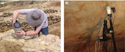 FIGURE 3. Spectroscopic analysis at different archaeological sites: wall mortar analysis via handheld LIBS at Saint Anselm College Field School in Orvieto, Italy (a) and prehistoric cave art analysis via portable Raman microscopy at Cueva del Castillo in Cantabria, Spain (b).