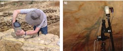 FIGURE 3. Spectroscopic analysis at different archaeological sites: wall mortar analysis via handheld LIBS at Saint Anselm College Field School in Orvieto, Italy (a) and prehistoric cave art analysis via portable Raman microscopy at Cueva del Castillo in Cantabria, Spain (b). FIGURE 3. Spectroscopic analysis at different archaeological sites: wall mortar analysis via handheld LIBS at Saint Anselm College Field School in Orvieto, Italy (a) and prehistoric cave art analysis via portable Raman microscopy at Cueva del Castillo in Cantabria, Spain (b).