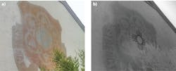 FIGURE 4. Unfiltered smartphone image (a) and near-IR smartphone image (b) of a mural on the south exterior wall of Bldg. 4408, Fort Ord [10].