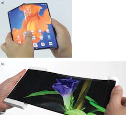 FIGURE 1. Foldable display used on Huawei Mate XS phone (a); rollable mobile OLED prototype (b). FIGURE 1. Foldable display used on Huawei Mate XS phone (a); rollable mobile OLED prototype (b).
