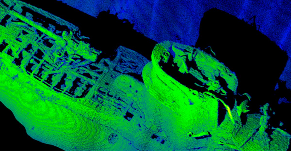 FIGURE 4. An example of a deep-water scan of a submarine wreck using 2G Robotics&rsquo; laser scanning and camera systems.