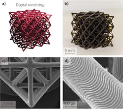 FIGURE 2. Hierarchical octet truss as a complex 3D print demonstration, with a digital rendering (a); a photograph of the printed object using the stiff red resin composition and red light exposure (&sim;2.1 mW/cm2) for 8 s/25 &mu;m layer (b); and scanning electron microscope images at different magnifications showing the structural hierarchy (c, d) all shown.