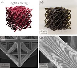 FIGURE 2. Hierarchical octet truss as a complex 3D print demonstration, with a digital rendering (a); a photograph of the printed object using the stiff red resin composition and red light exposure (∼2.1 mW/cm2) for 8 s/25 μm layer (b); and scanning electron microscope images at different magnifications showing the structural hierarchy (c, d) all shown. FIGURE 2. Hierarchical octet truss as a complex 3D print demonstration, with a digital rendering (a); a photograph of the printed object using the stiff red resin composition and red light exposure (∼2.1 mW/cm2) for 8 s/25 μm layer (b); and scanning electron microscope images at different magnifications showing the structural hierarchy (c, d) all shown.