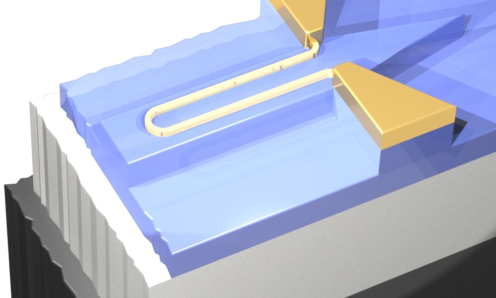 FIGURE 1. A schematic shows a waveguide-integrated nanowire single-photon detector (light yellow) contacted by metal leads (gold). The waveguide (blue) is supported by a buried oxide layer (light grey) with lower refractive index.