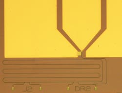 FIGURE 2. A microscope image shows a nanophotonic integrated circuit equipped with a superconducting nanowire single-photon detector. The circuit features four optical input ports as well as an on-chip microring resonator for time-resolved measurements. The detector device is located between the metal contact pads in the upper half of the image. FIGURE 2. A microscope image shows a nanophotonic integrated circuit equipped with a superconducting nanowire single-photon detector. The circuit features four optical input ports as well as an on-chip microring resonator for time-resolved measurements. The detector device is located between the metal contact pads in the upper half of the image.