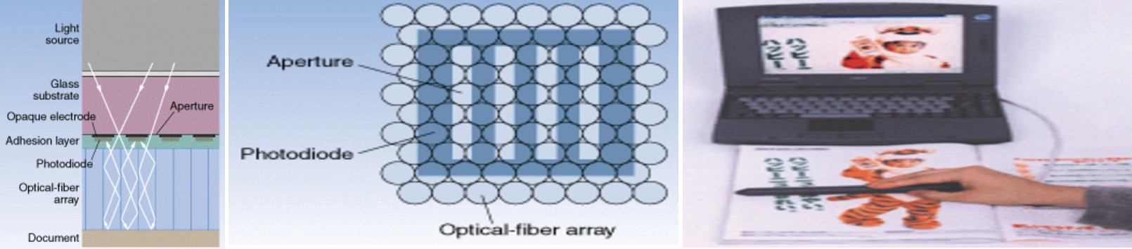 Photodiode array for a compact scanner is fabricated on a glass substrate that is mounted atop a coherent fiberoptic array and below a light source (left). Each photodiode contains a series of rectangular apertures (middle). If the aperture width is sized at approximately the diameter of an optical fiber, then most fibers will both transmit illumination light from an aperture down to the document and send reflected and scattered light back up to the photodiode. Axial illumination results in space savings that permit a pen-shaped scanner (right).