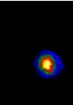 A magnesium ion fluoresces in a laser trap.