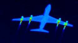 FIGURE 1. The infrared signature of a typical commercial airliner in the 3&ndash;5 &micro;m band shows strong thermal emission from the engines&mdash;an easy target for heat-seeking missiles.