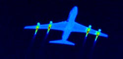FIGURE 1. The infrared signature of a typical commercial airliner in the 3–5 µm band shows strong thermal emission from the engines—an easy target for heat-seeking missiles. FIGURE 1. The infrared signature of a typical commercial airliner in the 3–5 µm band shows strong thermal emission from the engines—an easy target for heat-seeking missiles.