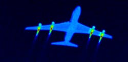 FIGURE 1. The infrared signature of a typical commercial airliner in the 3–5 µm band shows strong thermal emission from the engines—an easy target for heat-seeking missiles. FIGURE 1. The infrared signature of a typical commercial airliner in the 3–5 µm band shows strong thermal emission from the engines—an easy target for heat-seeking missiles.