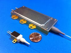 FIGURE 1. A high-brightness 9XX nm fiber-coupled pump (top) produces 100 W from a 105-µm-core-diameter, 0.15 NA fiber. A 10 W single emitter (bottom) is shown for size comparison. FIGURE 1. A high-brightness 9XX nm fiber-coupled pump (top) produces 100 W from a 105-µm-core-diameter, 0.15 NA fiber. A 10 W single emitter (bottom) is shown for size comparison.