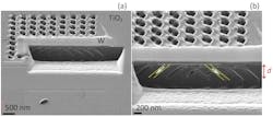 FIGURE 3. Scanning-ion microscopy images of the ion-beam sculptured photonic crystal structure in rutile-titania single crystal are shown at different magnifications; d is the depth of the structure at a π/4 tilt. Tungsten coating was used for sectioning of the fabricated structure. FIGURE 3. Scanning-ion microscopy images of the ion-beam sculptured photonic crystal structure in rutile-titania single crystal are shown at different magnifications; d is the depth of the structure at a π/4 tilt. Tungsten coating was used for sectioning of the fabricated structure.