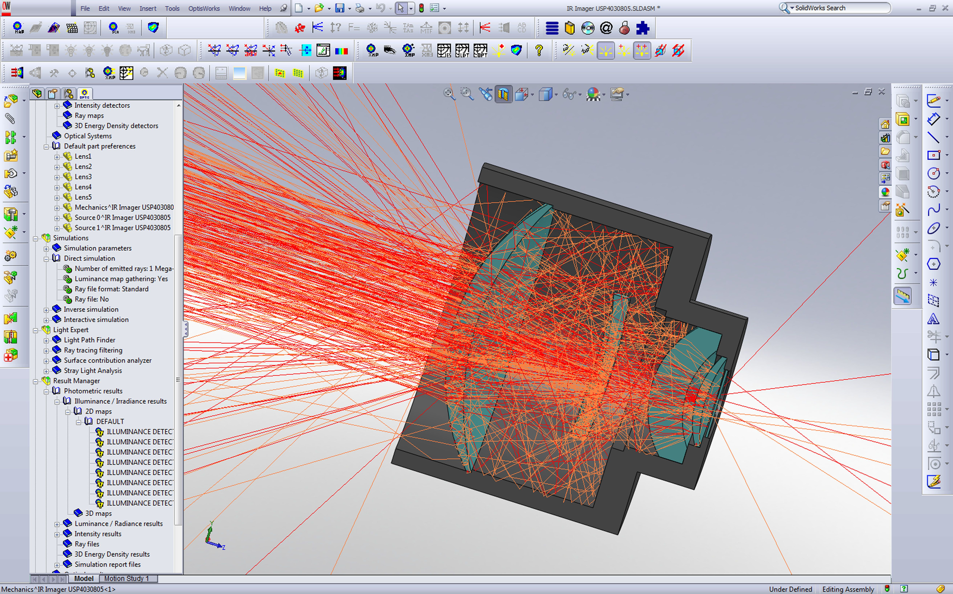 FIGURE 1. An image of interactive ray tracing for an infrared optical system shows the stray light paths.