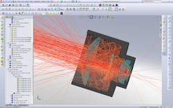 FIGURE 1. An image of interactive ray tracing for an infrared optical system shows the stray light paths. FIGURE 1. An image of interactive ray tracing for an infrared optical system shows the stray light paths.