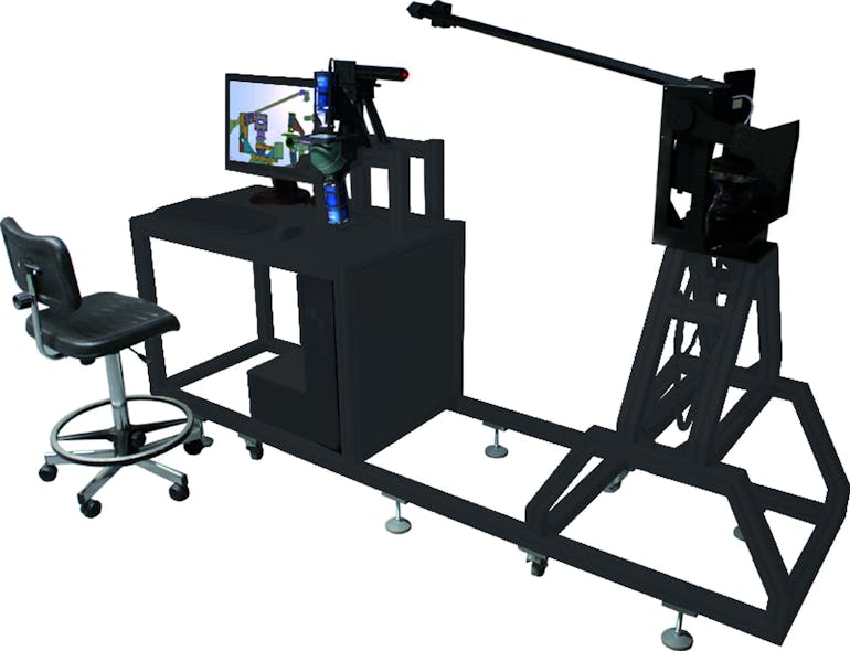 FIGURE 2. In the OMS4 stray-light analysis workstation from OPTIS, one can see the complete system with goniometer arm, mounted sensor, sample, laser source, and controlling and analysis unit.