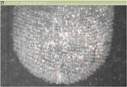 FIGURE 3. Traces of compounds left in the ridges of a fingerprint (top) can be hyperspectrally analyzed in a forensic investigation (bottom) and matched to compounds or chemicals in a database. FIGURE 3. Traces of compounds left in the ridges of a fingerprint (top) can be hyperspectrally analyzed in a forensic investigation (bottom) and matched to compounds or chemicals in a database.