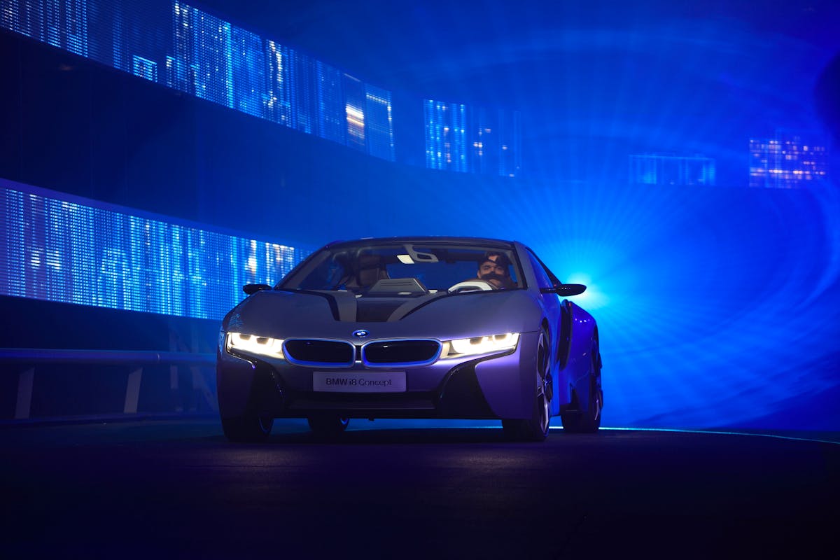 Blue laser light forms a &ldquo;birthing tunnel&rdquo; that highlights a BMW high-efficiency i-series car. In keeping with the theme of energy efficiency, optically pumped semiconductor lasers (OPSLs) were used to create the light tunnel and other effects.