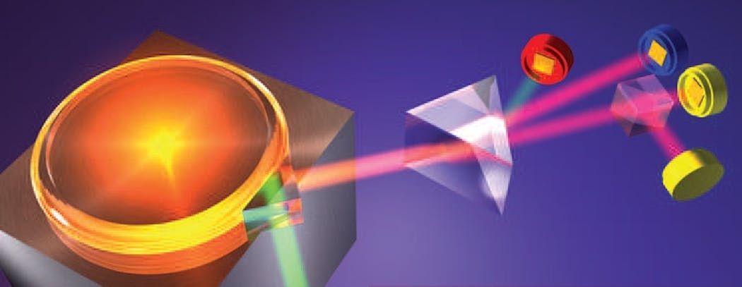 In a schematic of the photon pair production process, a diamond prism separates pump light from &ldquo;herald&rdquo; idler and signal photons.