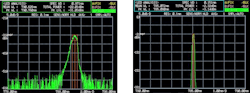 FIGURE 2. Spectrum of a GaAs laser diode before (left) and after (right) VBG stabilization. FIGURE 2. Spectrum of a GaAs laser diode before (left) and after (right) VBG stabilization.