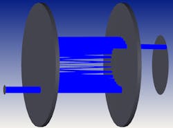 FIGURE 3. Schematic from Zemax OpticStudio of a multipass cell consisting of two concave mirrors with through-holes, in which incident ultrafast pulses enter through a slit in one mirror, reflect many times between the two mirrors, and exit through a slit in the second mirror.