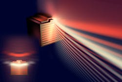 A QC laser with one plasmon grating and two output wavelengths (shown) or two gratings and one output wavelength can emit in two directions. A QC laser with one plasmon grating and two output wavelengths (shown) or two gratings and one output wavelength can emit in two directions.