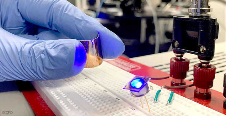 A multistack of CQDs of different size is built on top of a flexible plastic substrate that is later deposited onto a commercial visible LED to produce broadband IR light.