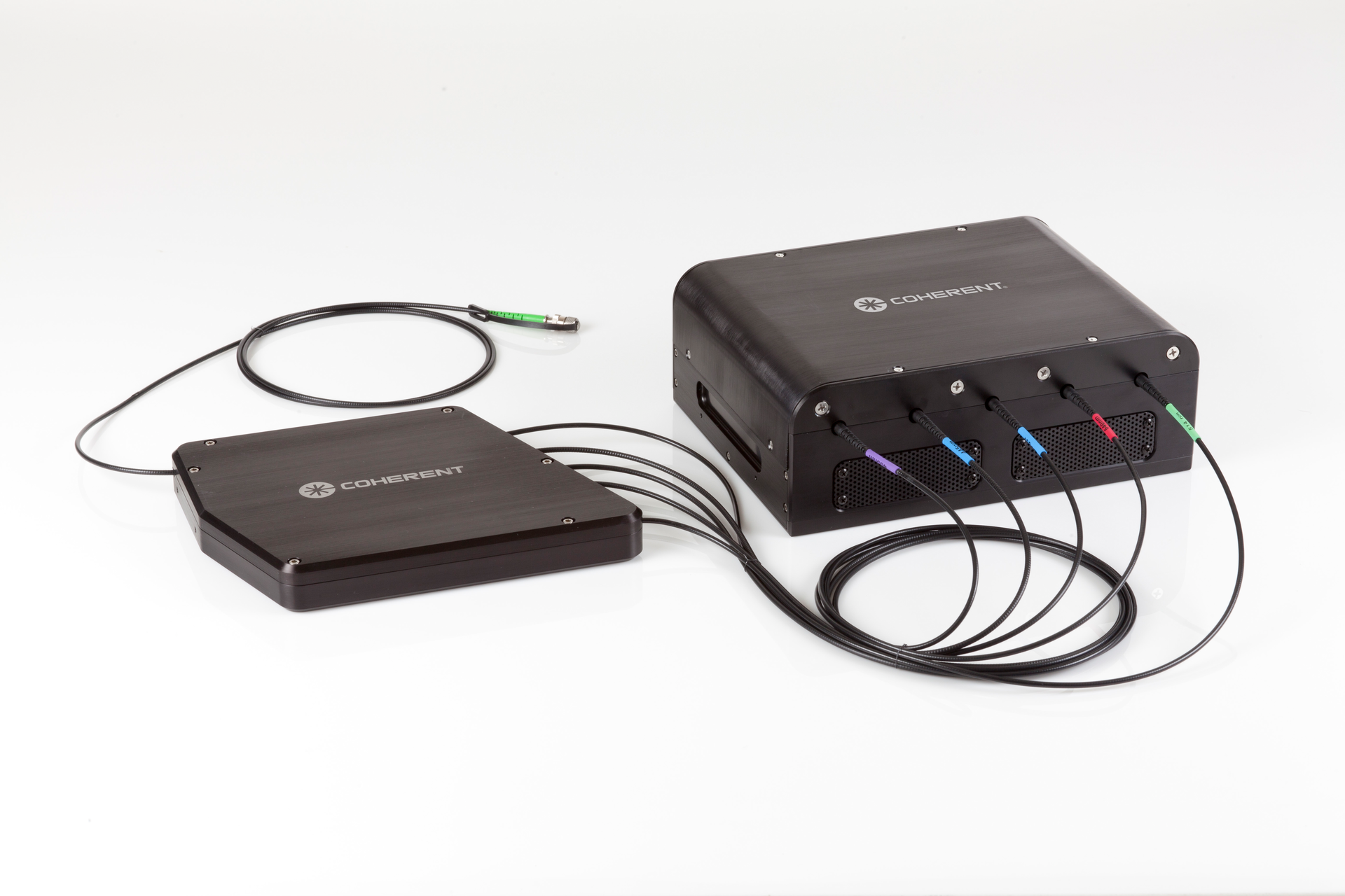 FIGURE 2. Multiple lasers can be integrated in a single Laserbox chassis, eliminating power supply and user interface redundancy; the fiber-coupled outputs can then be combined into one single-mode fiber using a plug-and-play beam combining module such as the Coherent Galaxy.