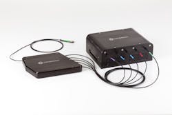 FIGURE 2. Multiple lasers can be integrated in a single Laserbox chassis, eliminating power supply and user interface redundancy; the fiber-coupled outputs can then be combined into one single-mode fiber using a plug-and-play beam combining module such as the Coherent Galaxy. FIGURE 2. Multiple lasers can be integrated in a single Laserbox chassis, eliminating power supply and user interface redundancy; the fiber-coupled outputs can then be combined into one single-mode fiber using a plug-and-play beam combining module such as the Coherent Galaxy.
