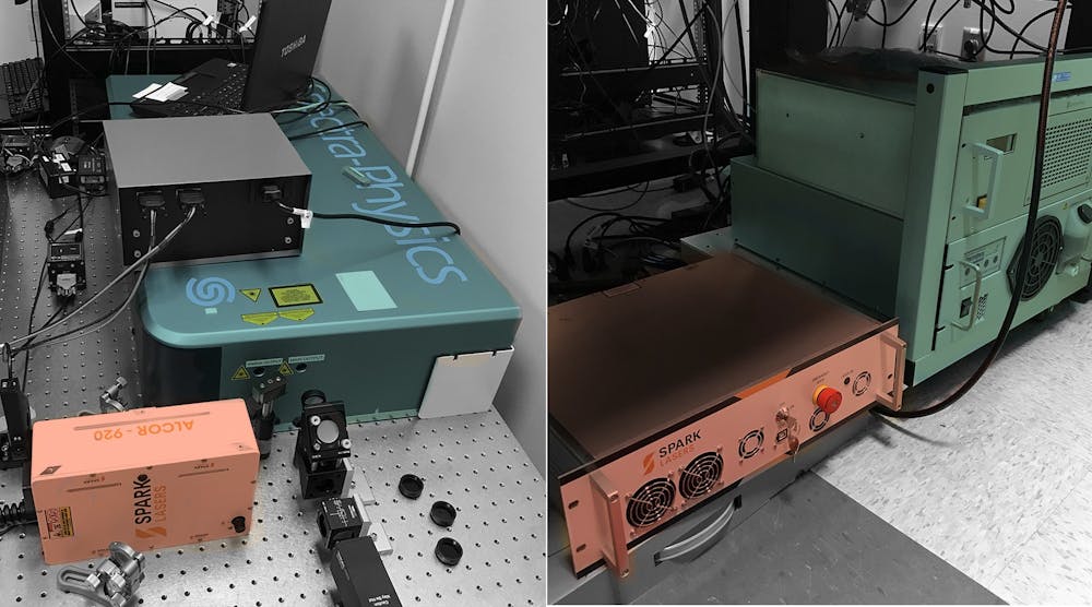 Fixed-wavelength ultrafast lasers (left) and power supplies (right) are more compact than their tunable Ti:sapphire alternatives (fixed-wavelength laser and power supply are orange; tunable are blue-green). However, for two-photon microscopy, each laser technology has its advantages and disadvantages that the researcher must carefully consider.