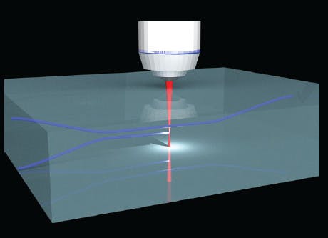 FIGURE 4. An industrial-grade laser writes laser-lightguiding waveguides in a glass backplane.