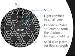 FIGURE 1. The cross-section of a hollow-core photonic-crystal fiber shows the core, lattice structure, and shunts. FIGURE 1. The cross-section of a hollow-core photonic-crystal fiber shows the core, lattice structure, and shunts.