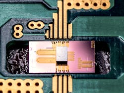 A silicon-photonic optical modulator also contains an electronic CMOS driver; the device operates at rates up to 100 Gbit/s. A silicon-photonic optical modulator also contains an electronic CMOS driver; the device operates at rates up to 100 Gbit/s.